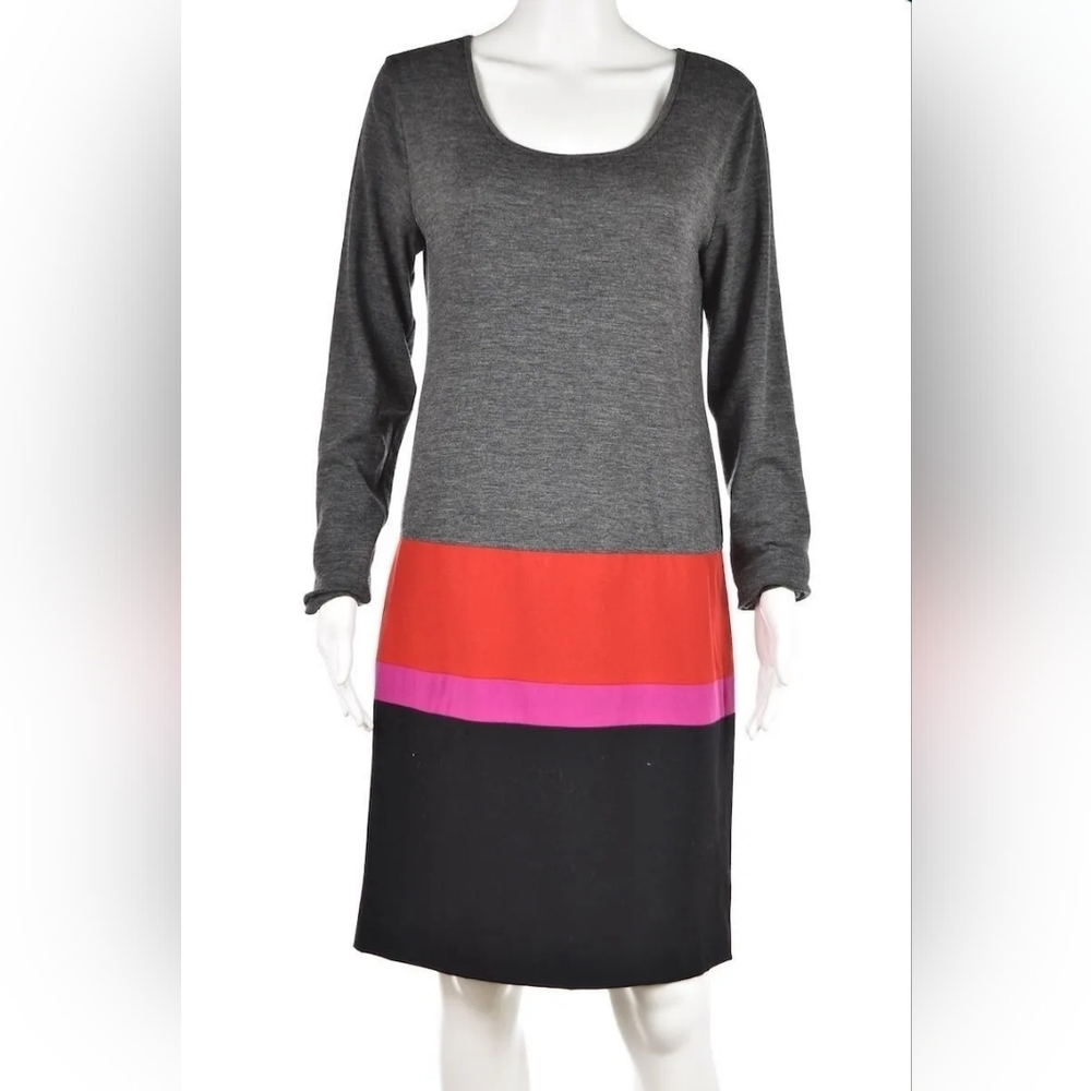 DKNY Gray Color Block Sheath Wool Knee Length Long Sleeve Dress Size Lar…